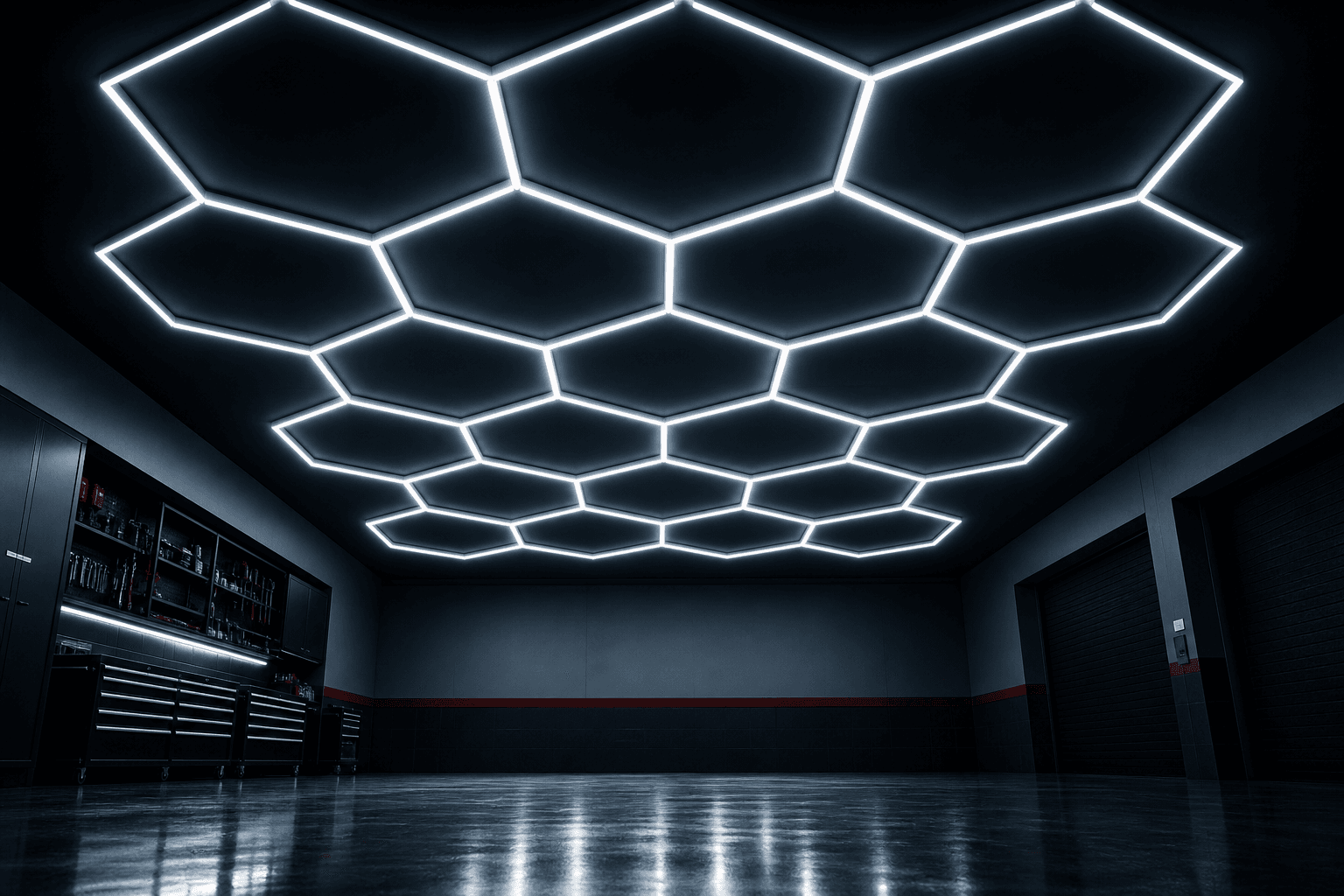 Plafond de garage équipé du maillage hexagonal lumineux